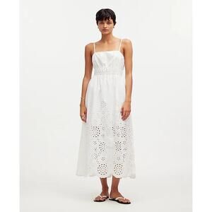 Madewell Embroidered Tank Midi Dress in Poplin White Tie Back Smocked 10 NWT